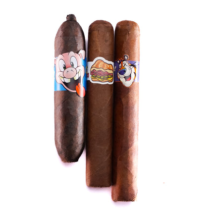 Three cigars with cartoon character and burger design on a white background